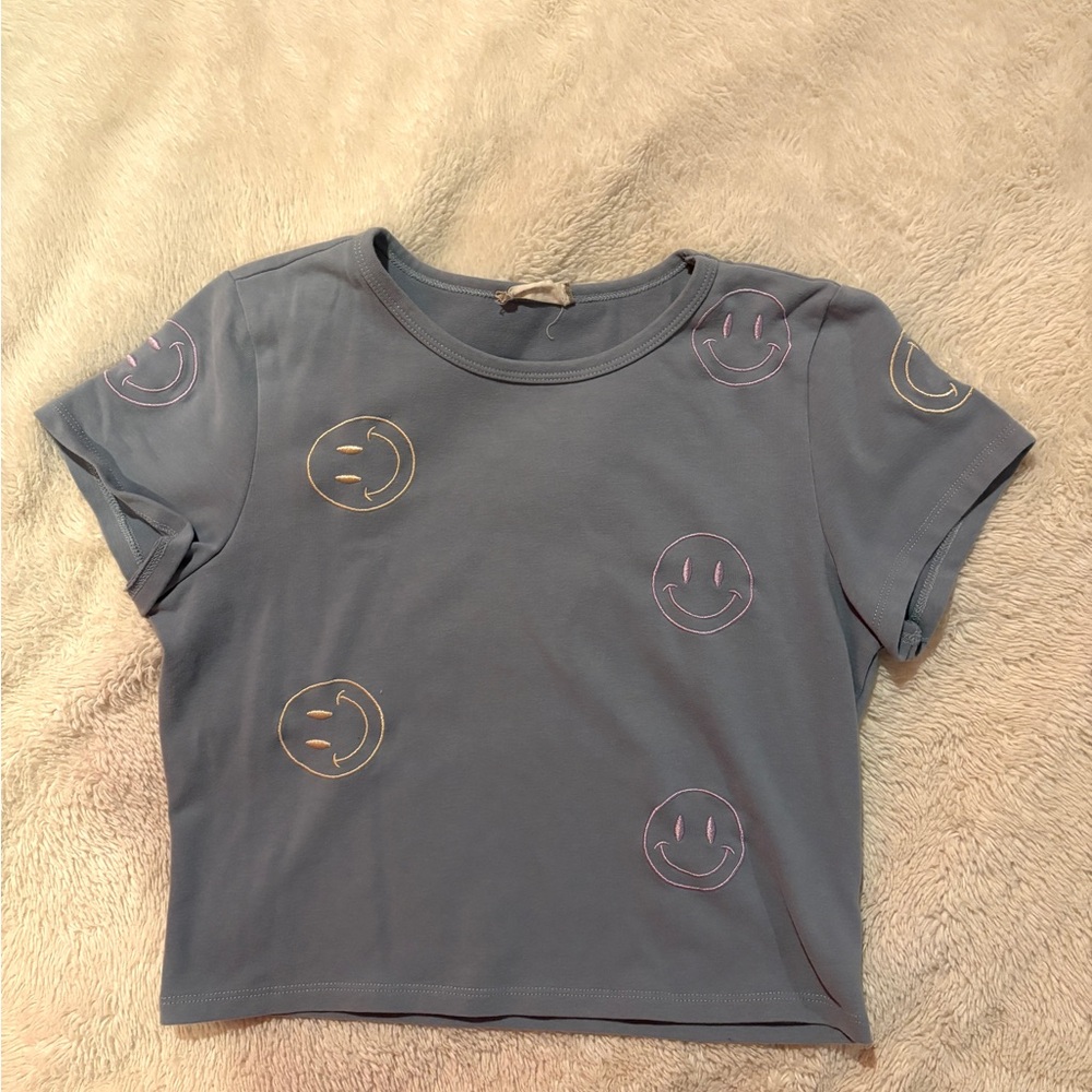Altar'd State Light Blue Smiley Face Crop Top